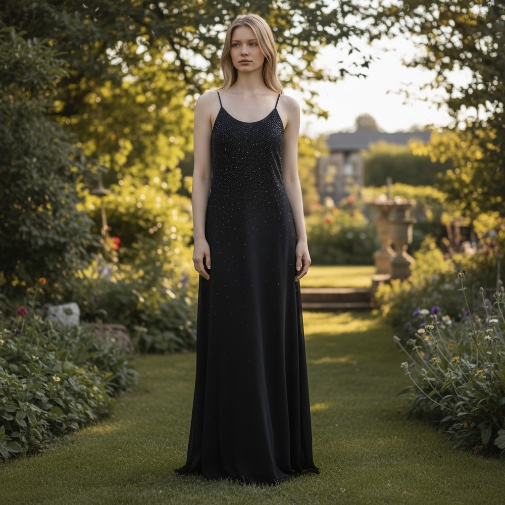 Chelsea Nites Beaded Maxi Dress Women 14 Black Halter Neck Formal Prom Gown